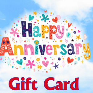 Blue Sky in background, hearts, flowers and stars around the words Happy Anniversary in the middle and Gift card written along the bottom