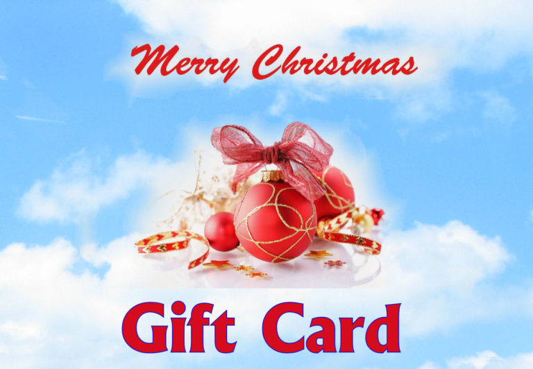Blue Sky in background, the words Merry Christmas in cursive above a collection of ribbons, ornaments and tinsel in the middle and Gift card written along the bottom
