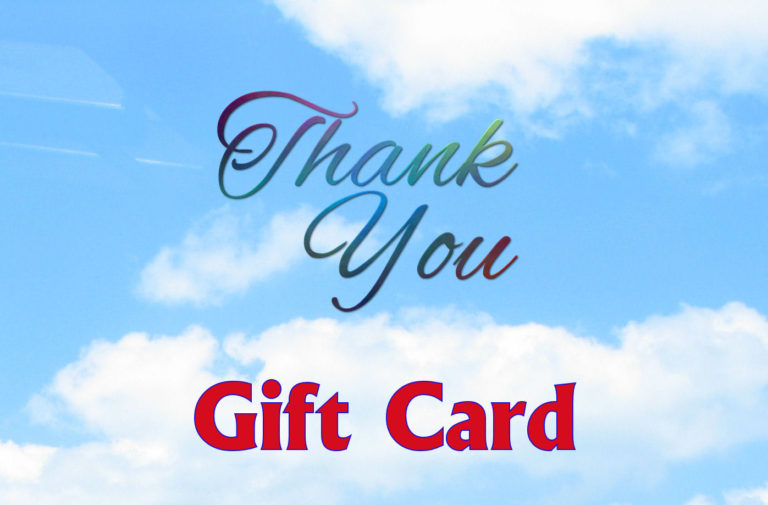 Blue Sky in background, the words Thank you in cursive in the middle and Gift card written along the bottom